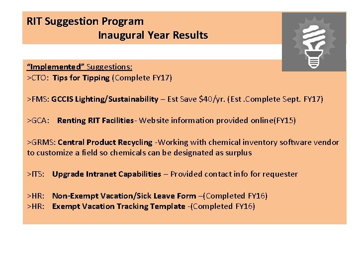 RIT Suggestion Program Inaugural Year Results “Implemented” Suggestions: >CTO: Tips for Tipping (Complete FY