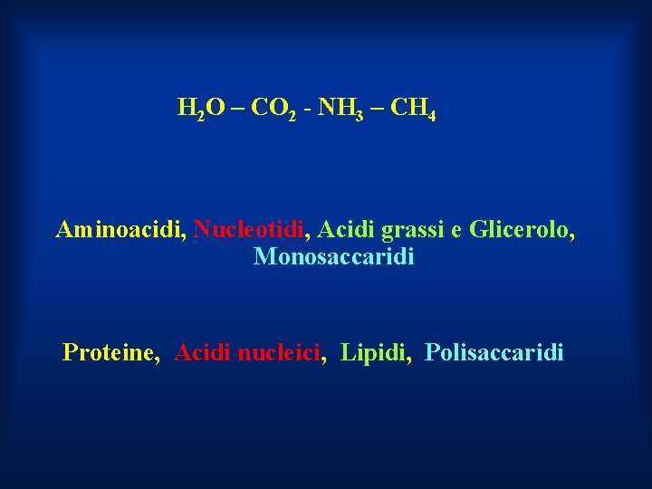 H 2 O – CO 2 - NH 3 – CH 4 Aminoacidi, Nucleotidi,