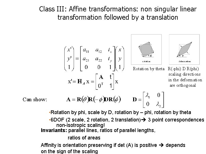 Class III: Affine transformations: non singular linear transformation followed by a translation Rotation by