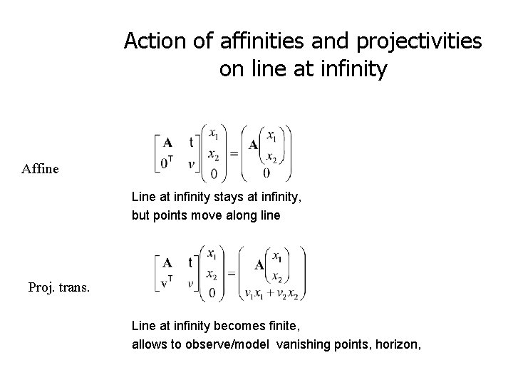 Action of affinities and projectivities on line at infinity Affine Line at infinity stays