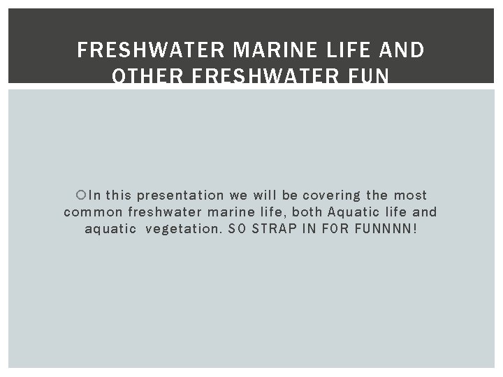 FRESHWATER MARINE LIFE AND OTHER FRESHWATER FUN In this presentation we will be covering