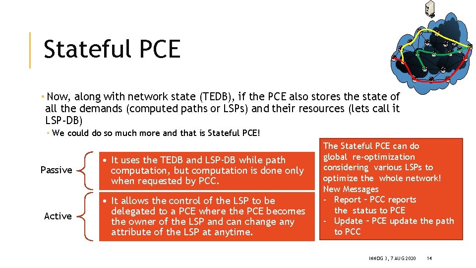 Stateful PCE • Now, along with network state (TEDB), if the PCE also stores