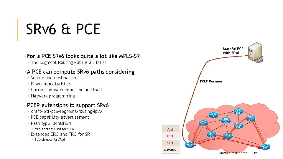 SRv 6 & PCE Stateful PCE with SRv 6 • For a PCE SRv