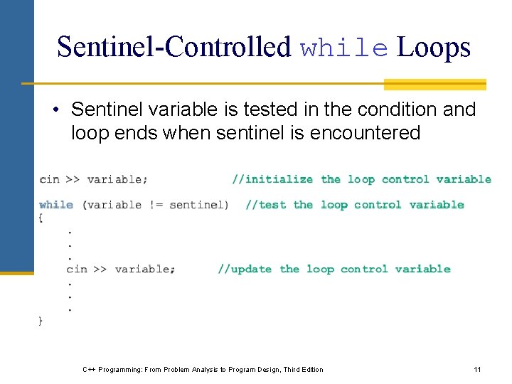 Sentinel-Controlled while Loops • Sentinel variable is tested in the condition and loop ends Sentinel-Controlled while Loops • Sentinel variable is tested in the condition and loop ends