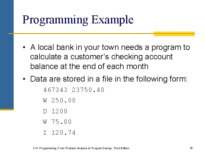 Programming Example • A local bank in your town needs a program to calculate Programming Example • A local bank in your town needs a program to calculate