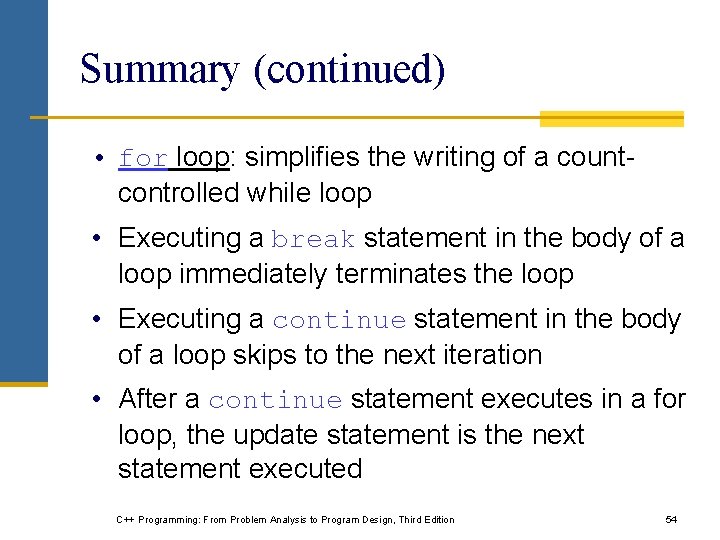 Summary (continued) • for loop: simplifies the writing of a countcontrolled while loop • Summary (continued) • for loop: simplifies the writing of a countcontrolled while loop •