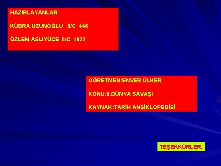 HAZIRLAYANLAR KÜBRA UZUNOĞLU 8/C 446 ÖZLEM ASLIYÜCE 8/C 1022 ÖĞRETMEN: ENVER ÜLKER KONU: II.