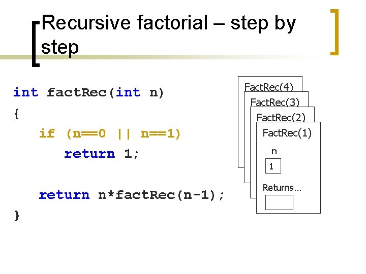 Recursive factorial – step by step int fact. Rec(int n) { if (n==0 ||