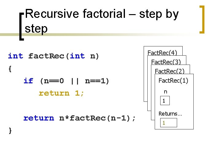 Recursive factorial – step by step int fact. Rec(int n) { if (n==0 ||