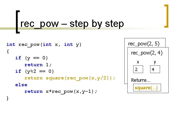 rec_pow – step by step int rec_pow(int x, int y) { if (y ==