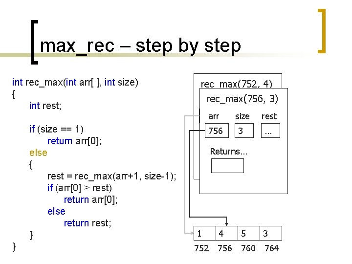 max_rec – step by step int rec_max(int arr[ ], int size) { int rest;