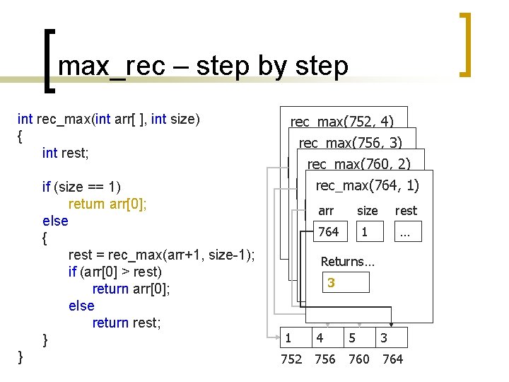 max_rec – step by step int rec_max(int arr[ ], int size) { int rest;