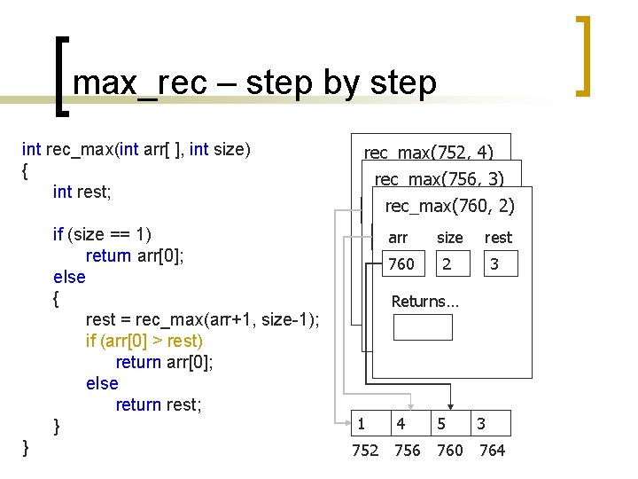 max_rec – step by step int rec_max(int arr[ ], int size) { int rest;