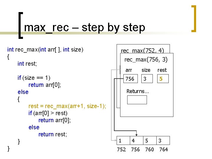 max_rec – step by step int rec_max(int arr[ ], int size) { int rest;