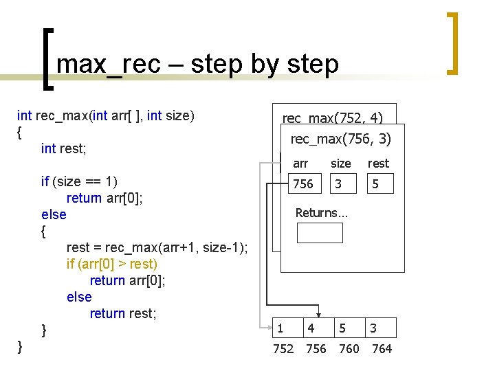 max_rec – step by step int rec_max(int arr[ ], int size) { int rest;