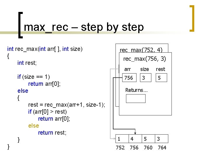 max_rec – step by step int rec_max(int arr[ ], int size) { int rest;