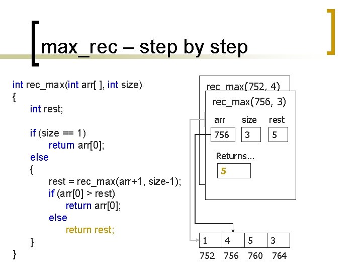 max_rec – step by step int rec_max(int arr[ ], int size) { int rest;