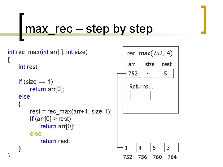 max_rec – step by step int rec_max(int arr[ ], int size) { int rest;