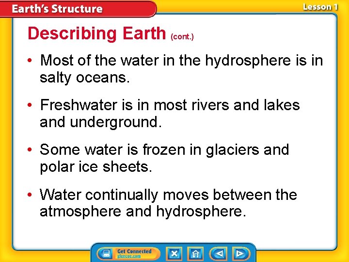 Describing Earth (cont. ) • Most of the water in the hydrosphere is in Describing Earth (cont. ) • Most of the water in the hydrosphere is in