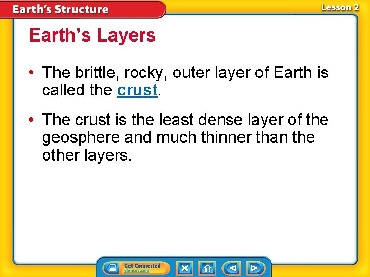 Earth’s Layers • The brittle, rocky, outer layer of Earth is called the crust. Earth’s Layers • The brittle, rocky, outer layer of Earth is called the crust.