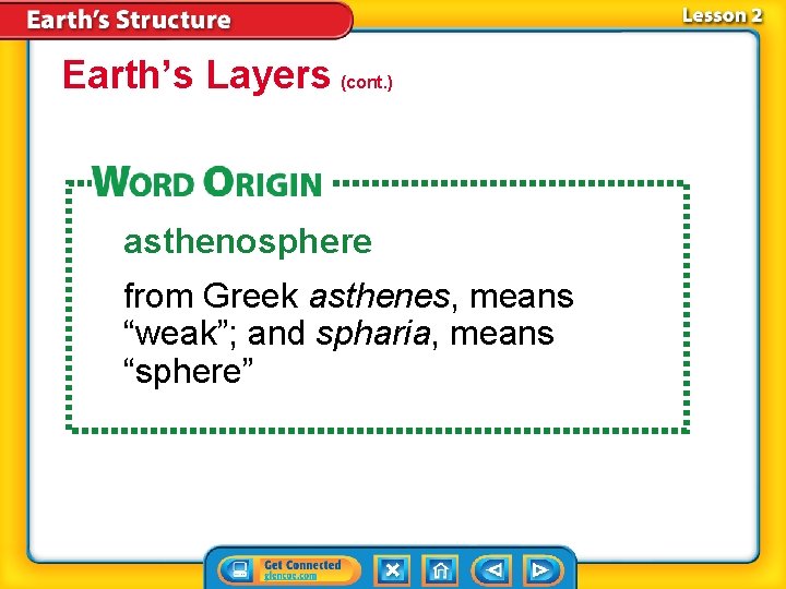Earth’s Layers (cont. ) asthenosphere from Greek asthenes, means “weak”; and spharia, means “sphere” Earth’s Layers (cont. ) asthenosphere from Greek asthenes, means “weak”; and spharia, means “sphere”