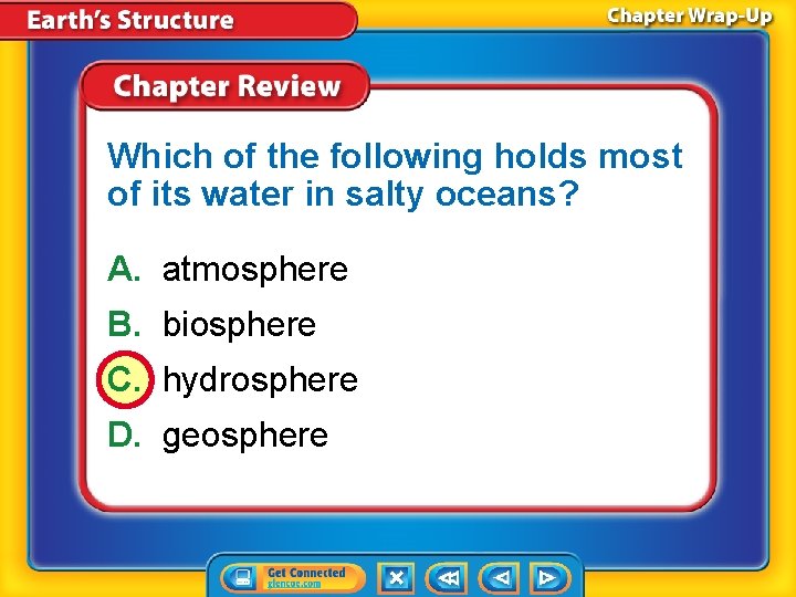 Which of the following holds most of its water in salty oceans? A. atmosphere Which of the following holds most of its water in salty oceans? A. atmosphere