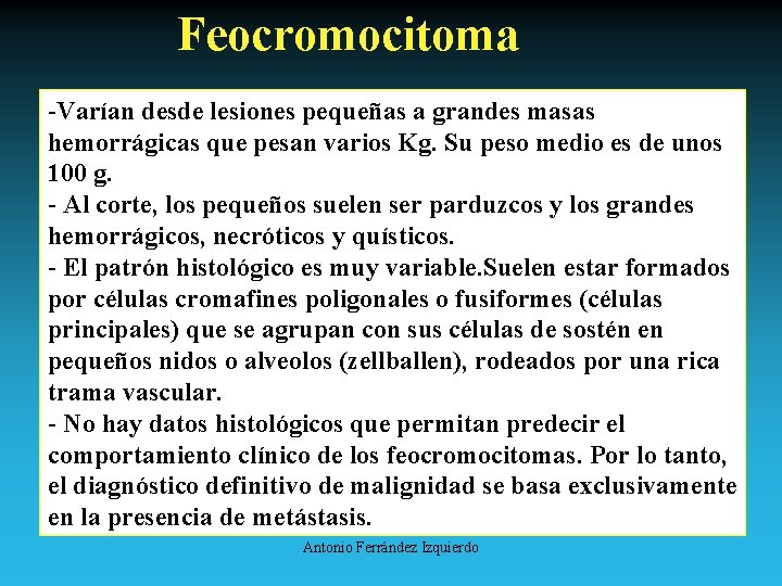 Feocromocitoma -Varían desde lesiones pequeñas a grandes masas hemorrágicas que pesan varios Kg. Su