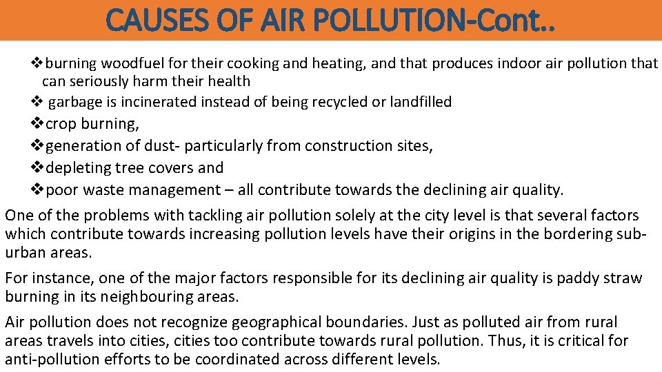 CAUSES OF AIR POLLUTION-Cont. . vburning woodfuel for their cooking and heating, and that