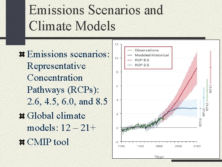 Emissions Scenarios and Climate Models Emissions scenarios: Representative Concentration Pathways (RCPs): 2. 6, 4.