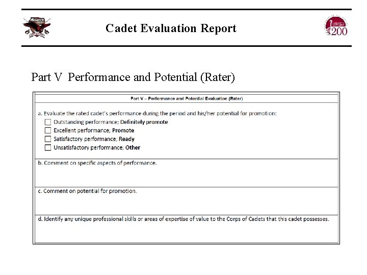 Cadet Evaluation Report Part V Performance and Potential (Rater) 