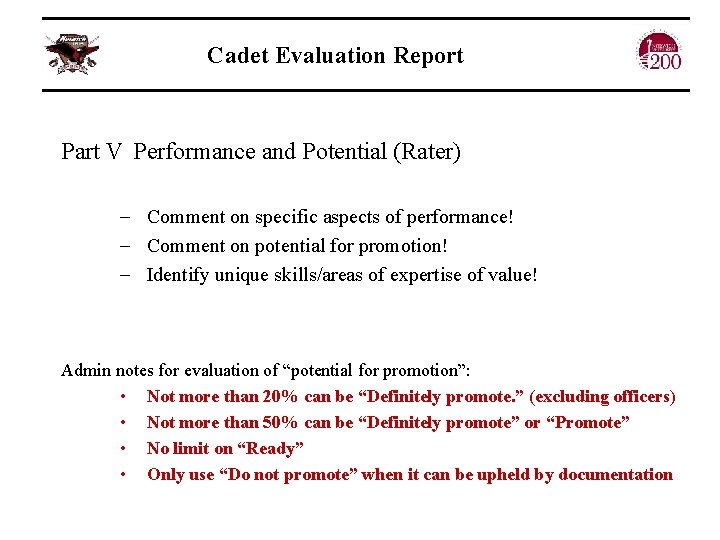 Cadet Evaluation Report Part V Performance and Potential (Rater) - Comment on specific aspects