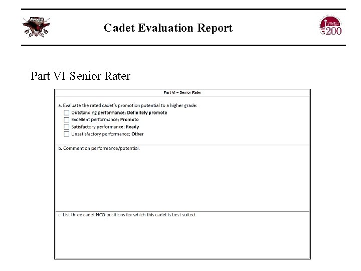 Cadet Evaluation Report Part VI Senior Rater 