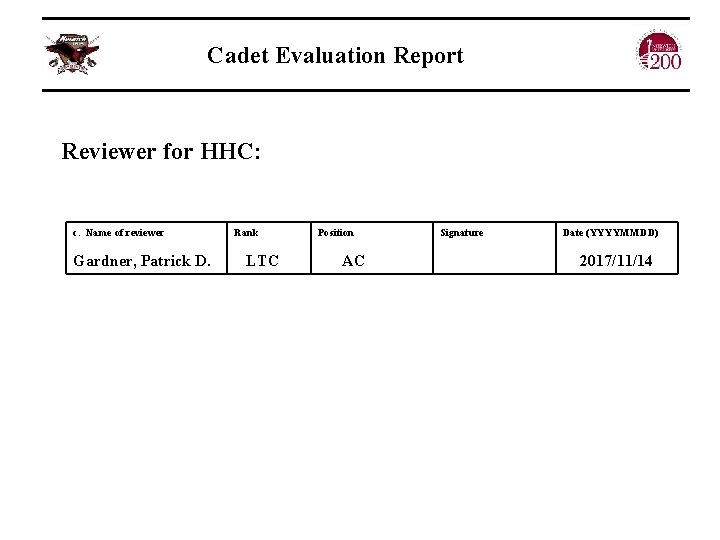 Cadet Evaluation Report Reviewer for HHC: c. Name of reviewer Gardner, Patrick D. Rank