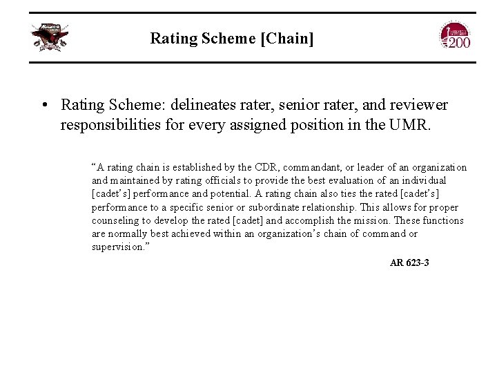 Rating Scheme [Chain] • Rating Scheme: delineates rater, senior rater, and reviewer responsibilities for