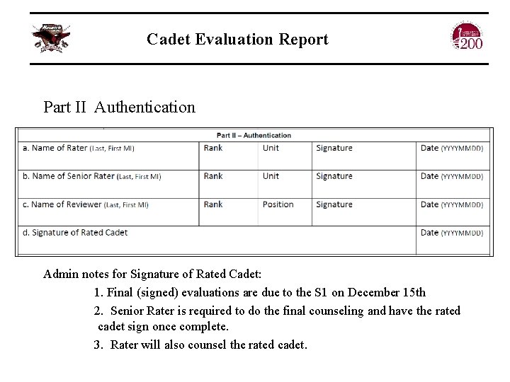 Cadet Evaluation Report Part II Authentication Admin notes for Signature of Rated Cadet: 1.