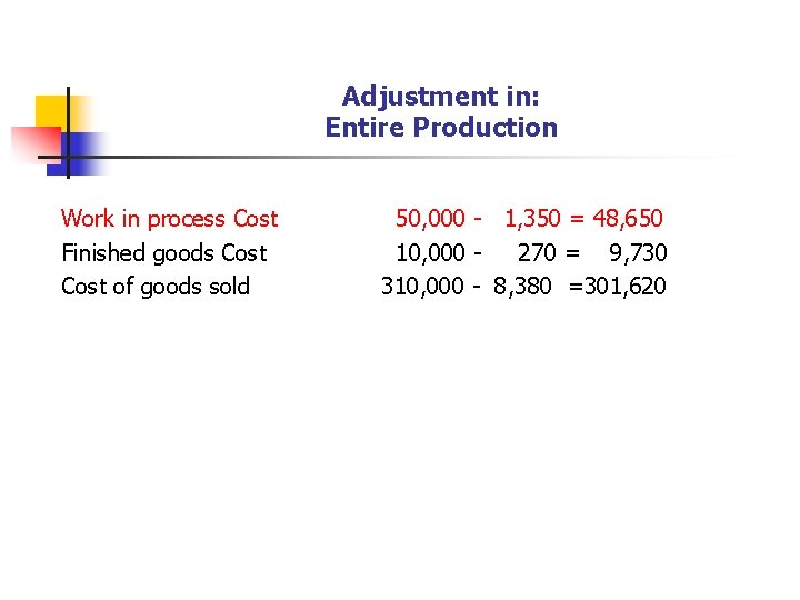 Adjustment in: Entire Production Work in process Cost Finished goods Cost of goods sold