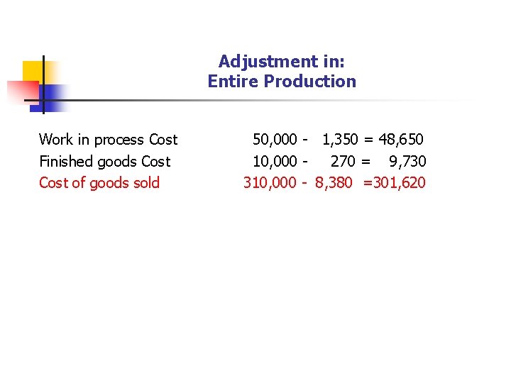 Adjustment in: Entire Production Work in process Cost Finished goods Cost of goods sold