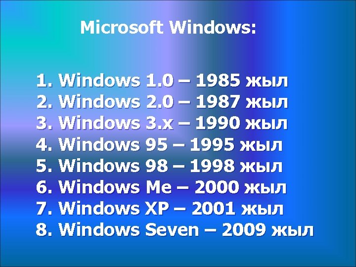 Microsoft Windows: 1. Windows 1. 0 – 1985 жыл 2. Windows 2. 0 –