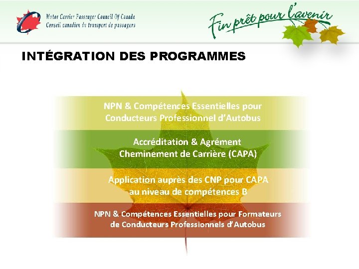 INTÉGRATION DES PROGRAMMES NPN & Compétences Essentielles pour Conducteurs Professionnel d’Autobus Accréditation & Agrément