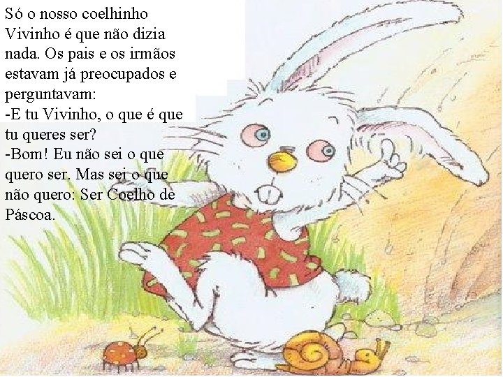 Só o nosso coelhinho Vivinho é que não dizia nada. Os pais e os