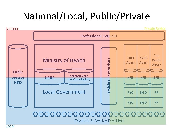 National/Local, Public/Private National Private Sector Ministry of Health Public Service HRIS HMIS National Health