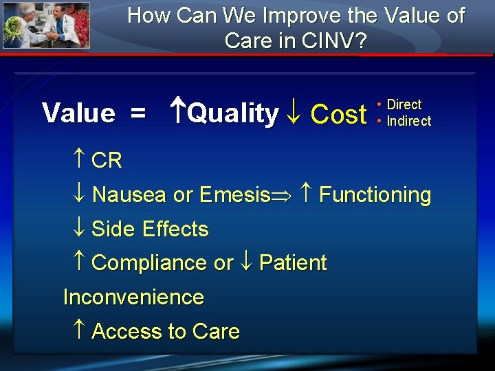 How Can We Improve the Value of Care in CINV? Value = Quality Cost