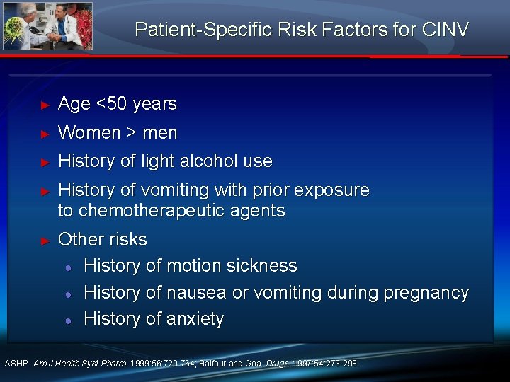 Patient-Specific Risk Factors for CINV ► Age <50 years ► Women > men ►