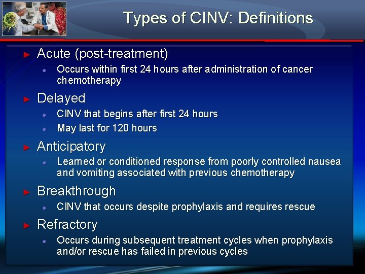 Types of CINV: Definitions ► Acute (post-treatment) ● ► Delayed ● ● ► Learned