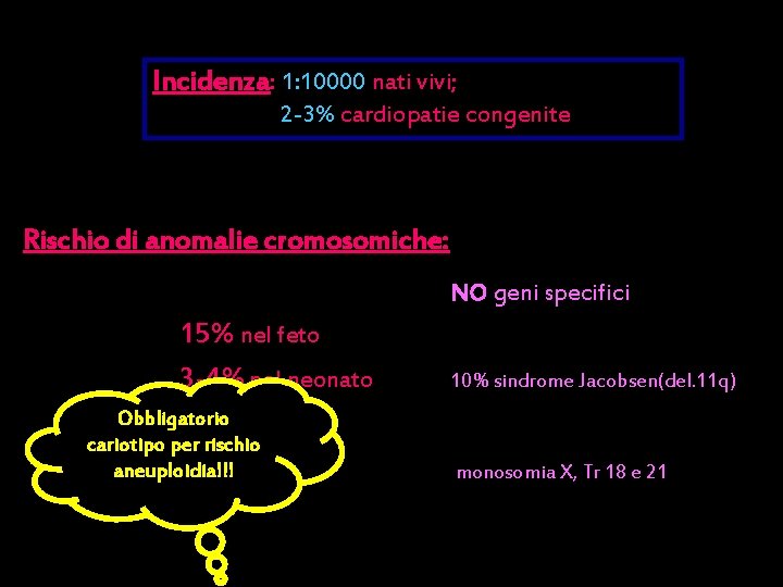 Incidenza: 1: 10000 nati vivi; 2 -3% cardiopatie congenite Rischio di anomalie cromosomiche: NO