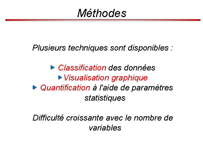 Méthodes Plusieurs techniques sont disponibles : Classification des données Visualisation graphique Quantification à l'aide