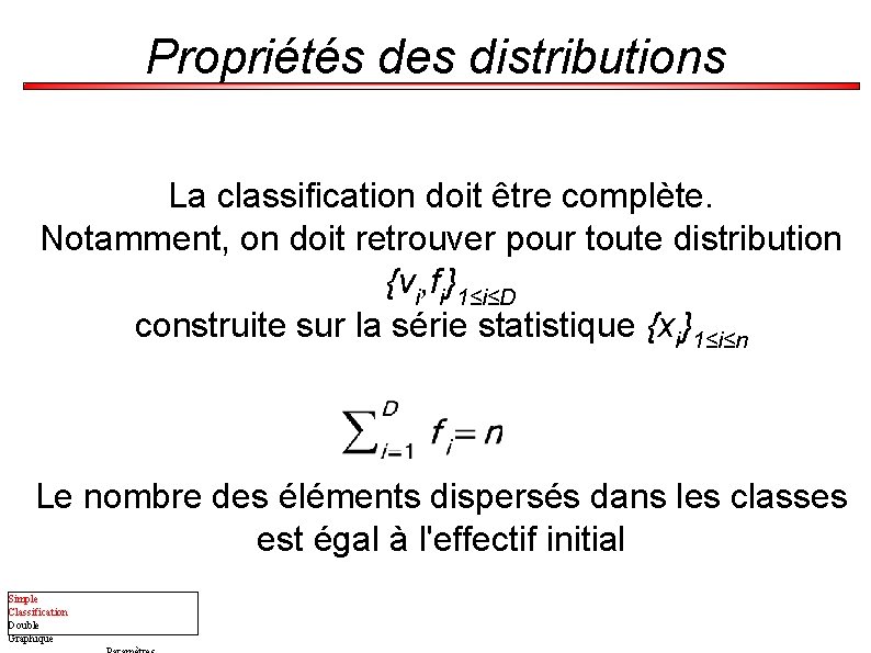 Propriétés des distributions La classification doit être complète. Notamment, on doit retrouver pour toute