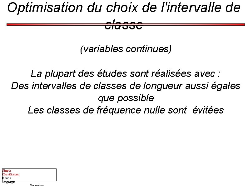Optimisation du choix de l'intervalle de classe (variables continues) La plupart des études sont
