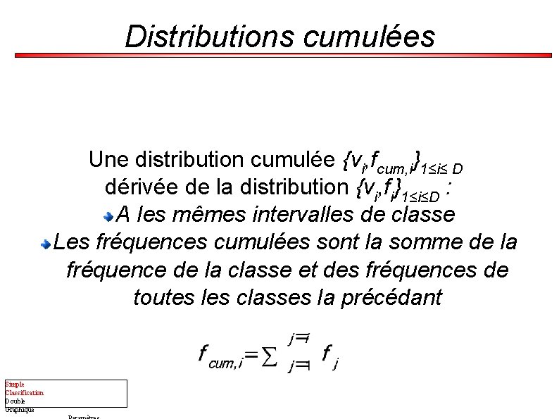 Distributions cumulées Une distribution cumulée {vi, fcum, i}1≤i≤ D dérivée de la distribution {vi,