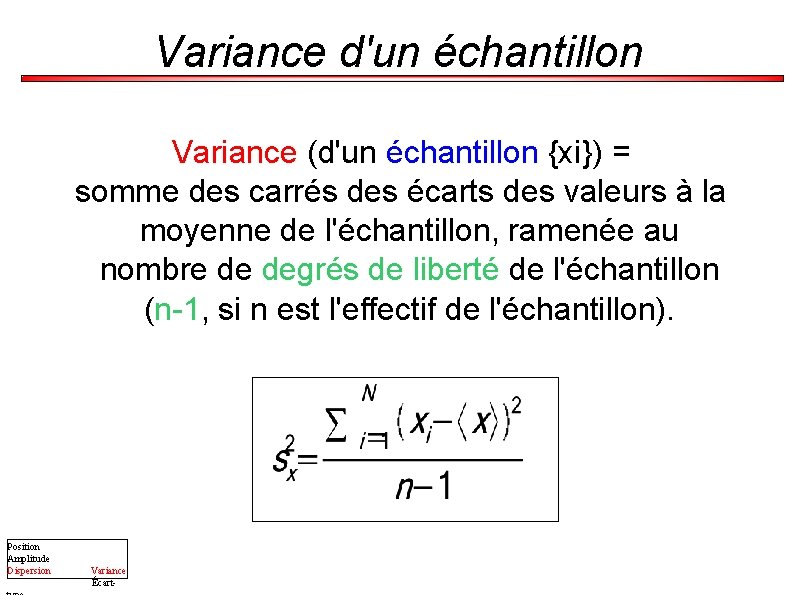 Variance d'un échantillon Variance (d'un échantillon {xi}) = somme des carrés des écarts des